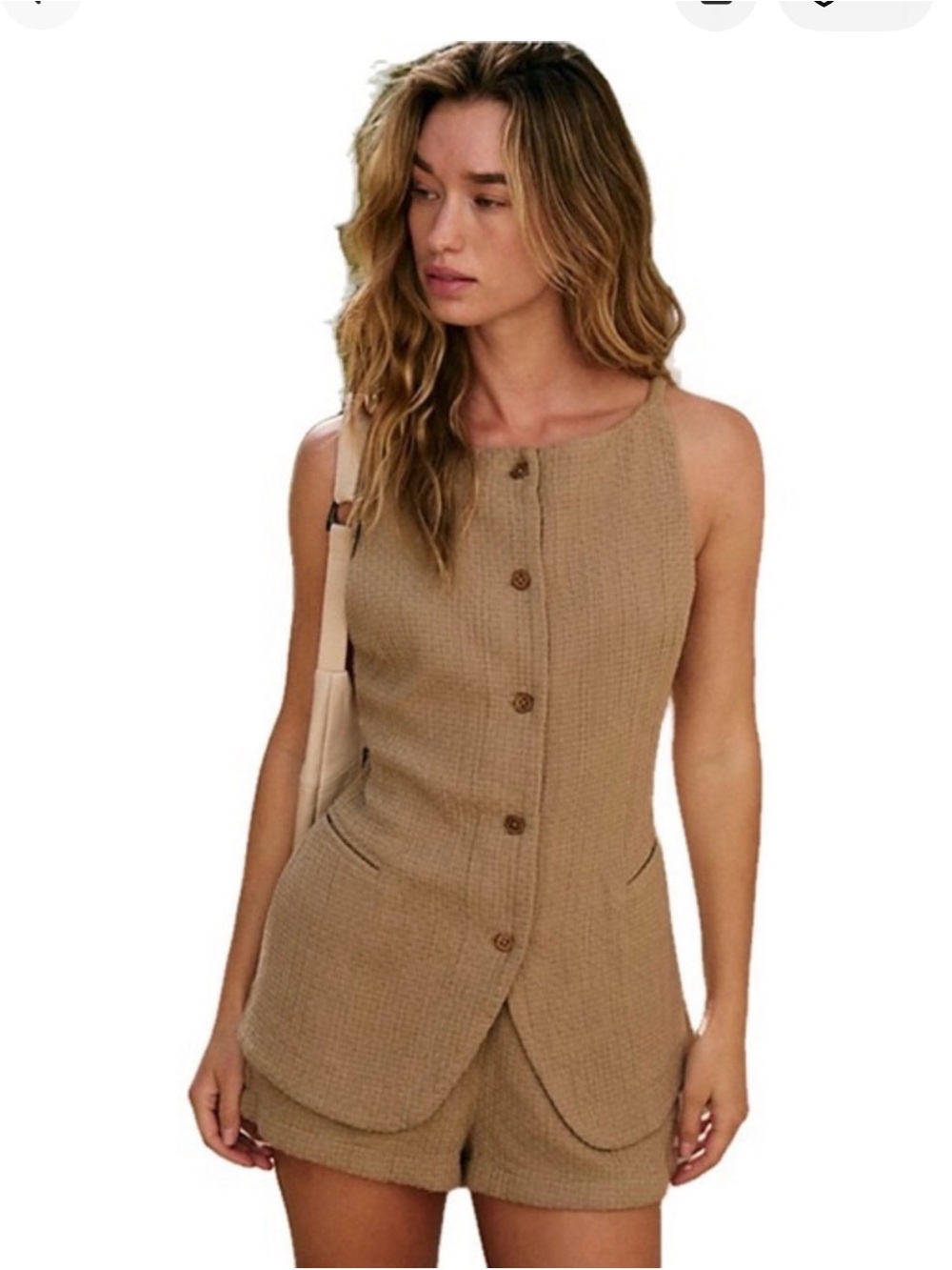 Free People coastal classy Cream Waffle-Knit Buttoned Shorts Set